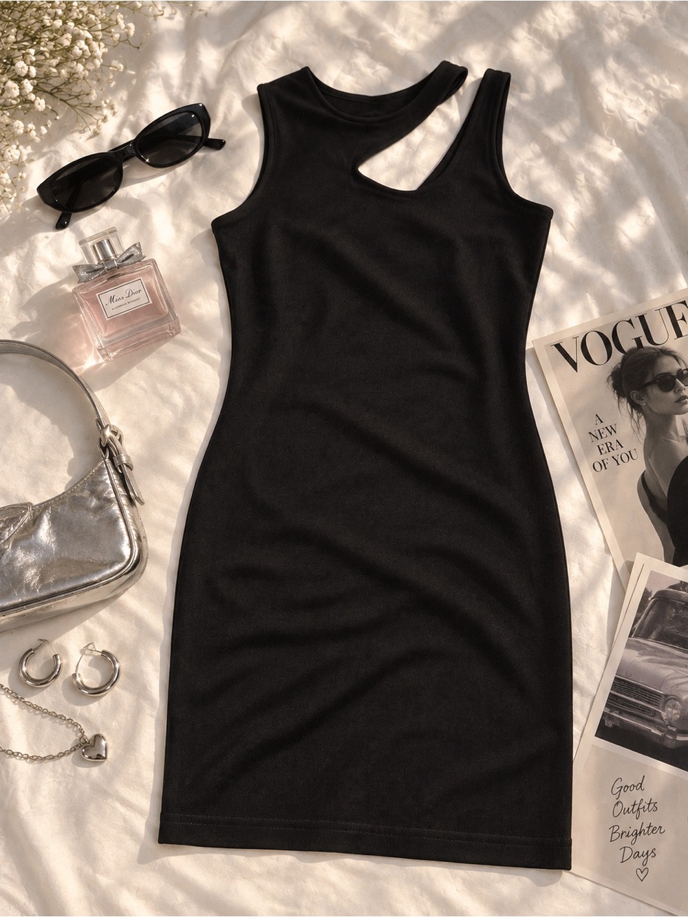 Hugo Buscati Vintage Y2K Black Asymmetric Cutout Bodycon Mini Dress MEDIUM